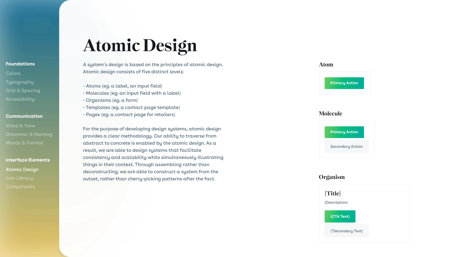 Auszug aus dem Design System, Kapitel Atomic Design