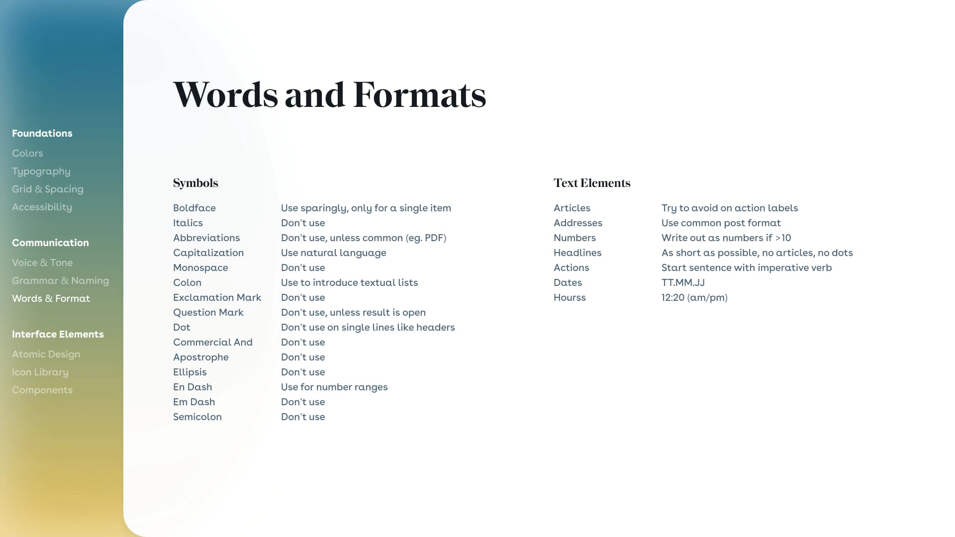 Auszug aus dem Design System, Kapitel Content Guidelines