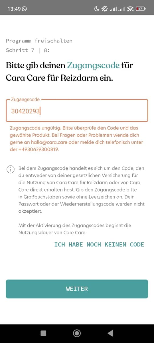 Registrierung Zugangscode