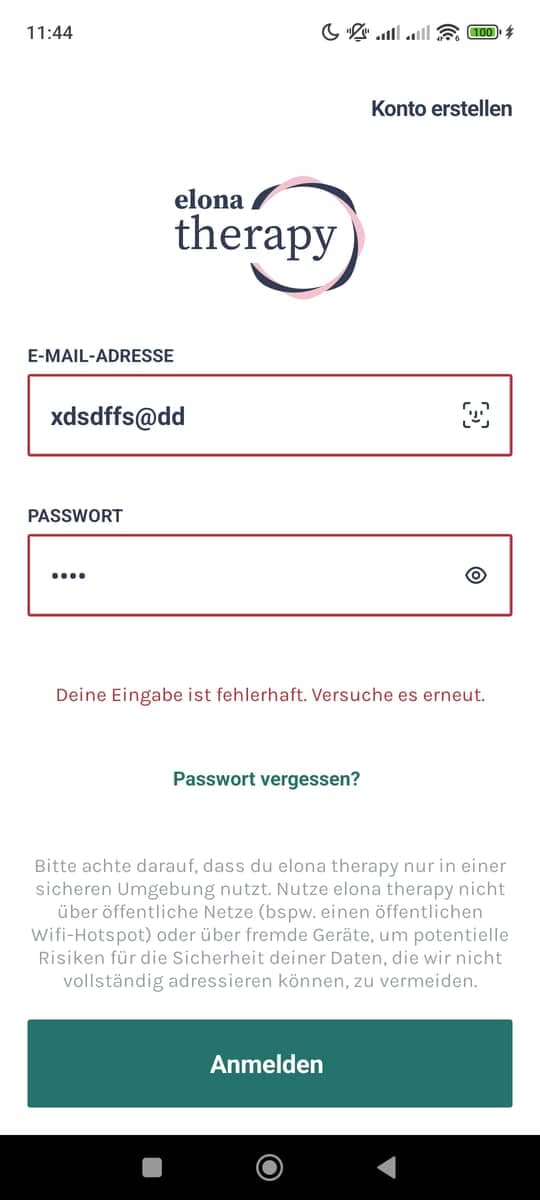 Anmeldung Fehlermeldung