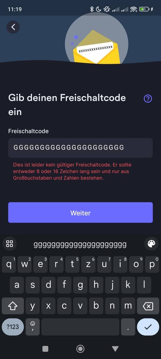 Freischaltcode Eingabe
