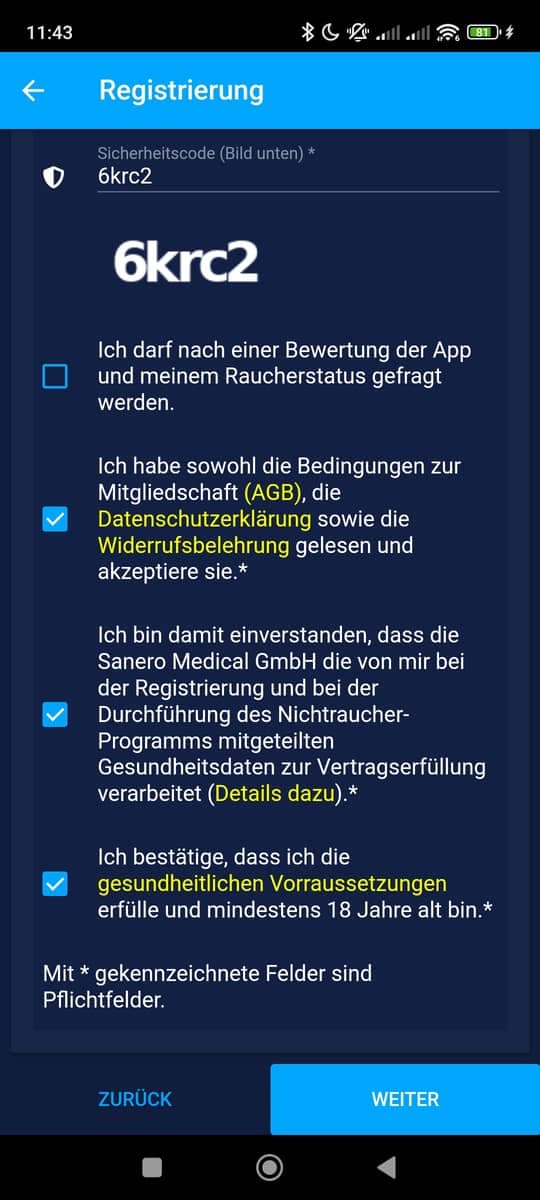 Registrieren Checkboxen