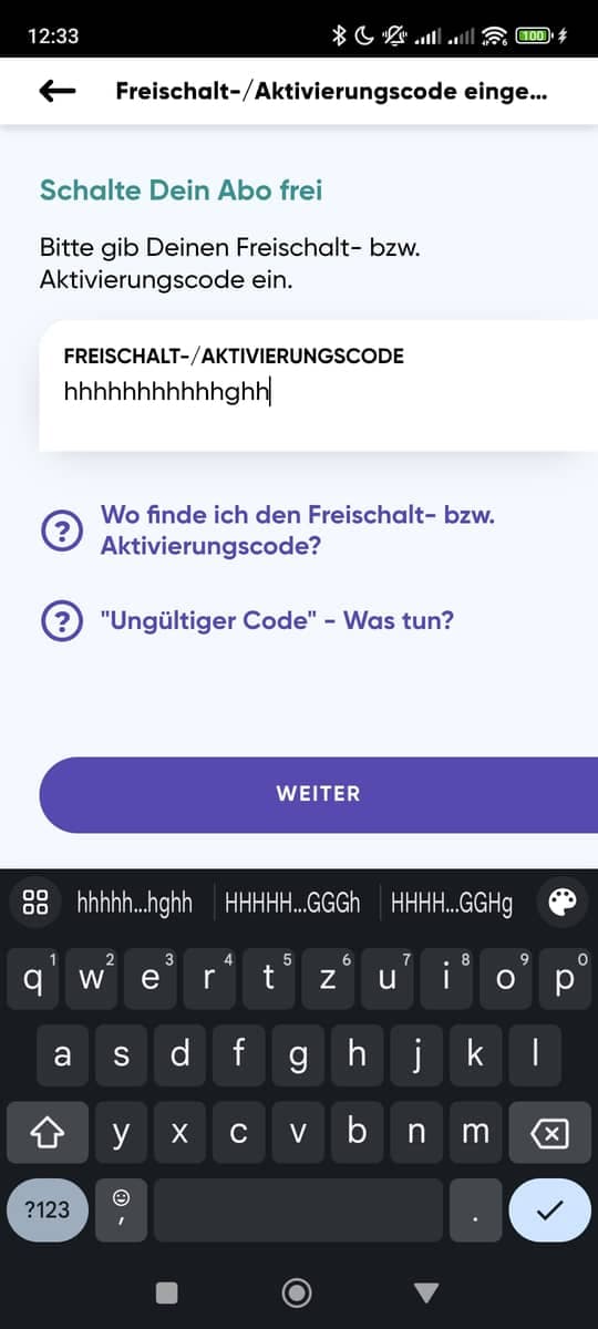 Freischaltcode Eingabe